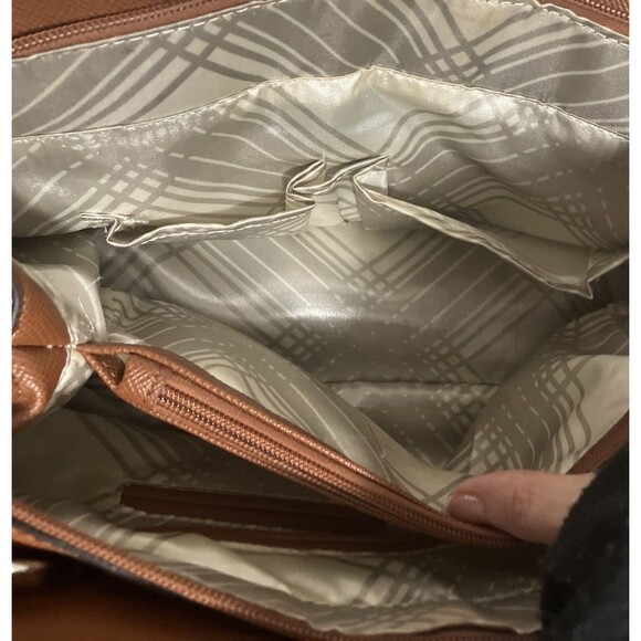 London Fog Tote Shopper Bag Cognac Brown Large Double Handle with Pockets Strap - Picture 14 of 16